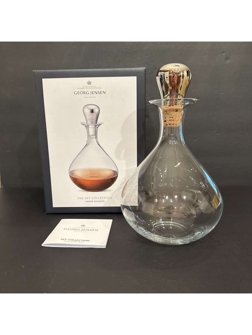 New Georg Jensen The Sky Collection Stainless Steel & Glass Liquor Decanter 10”H